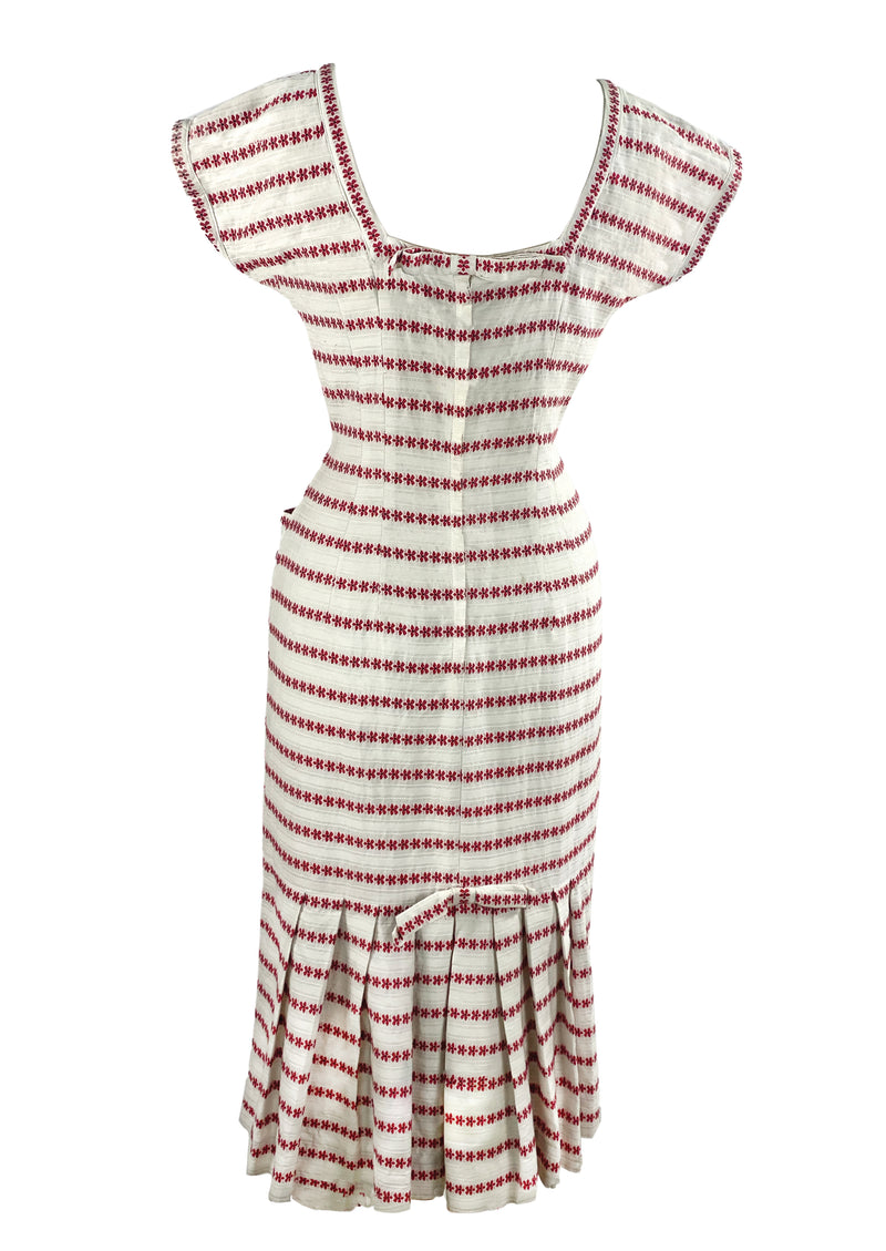 Vintage 1950s White and Red Textured Cotton Sheath Dress - NEW!