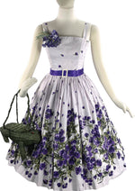 Stunning 1950s Purple Violets Border Print Dress- New!