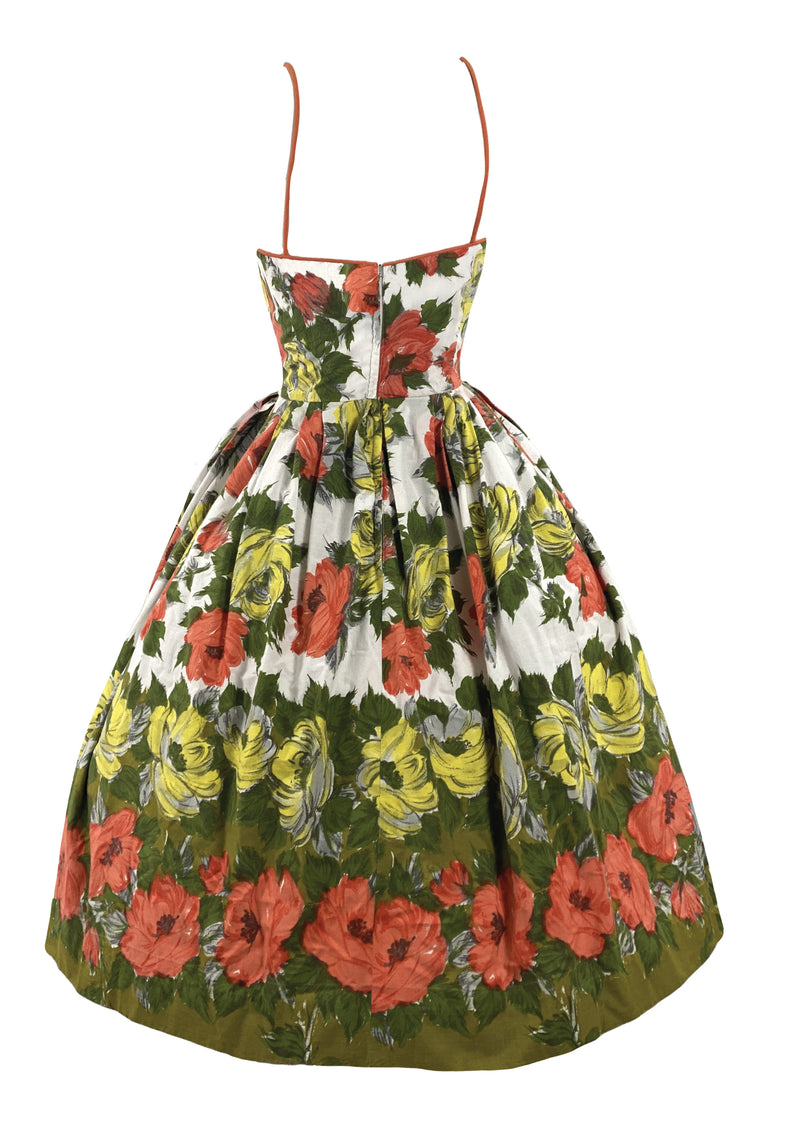 Vintage 1950s Golden and Tangerine Roses Cotton Dress - New!