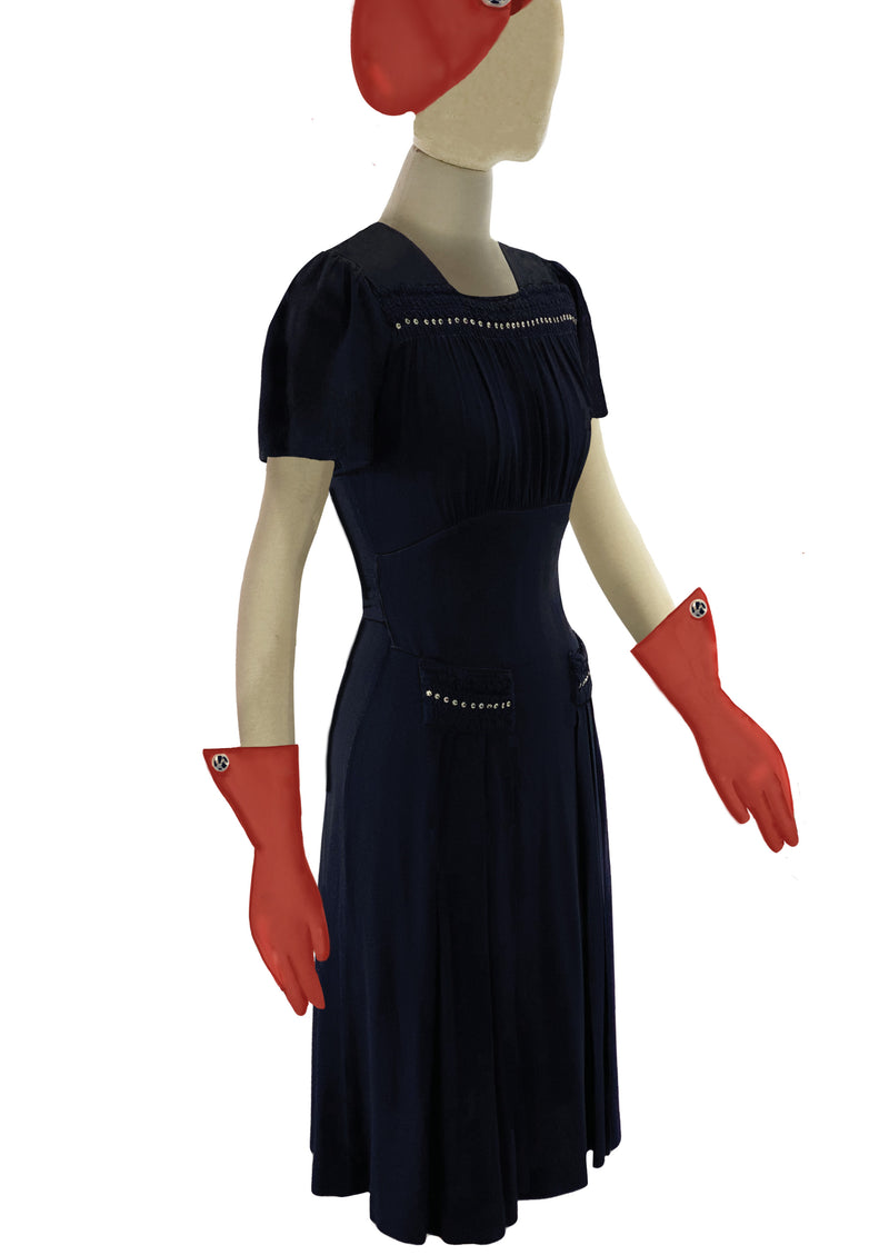 Beautiful Early 1940s Navy Blue Crepe Studded Dress - New! Coutura Vintage Beautiful Early 1940s Navy Blue Crepe Studded Dress - New! Coutura Vintage