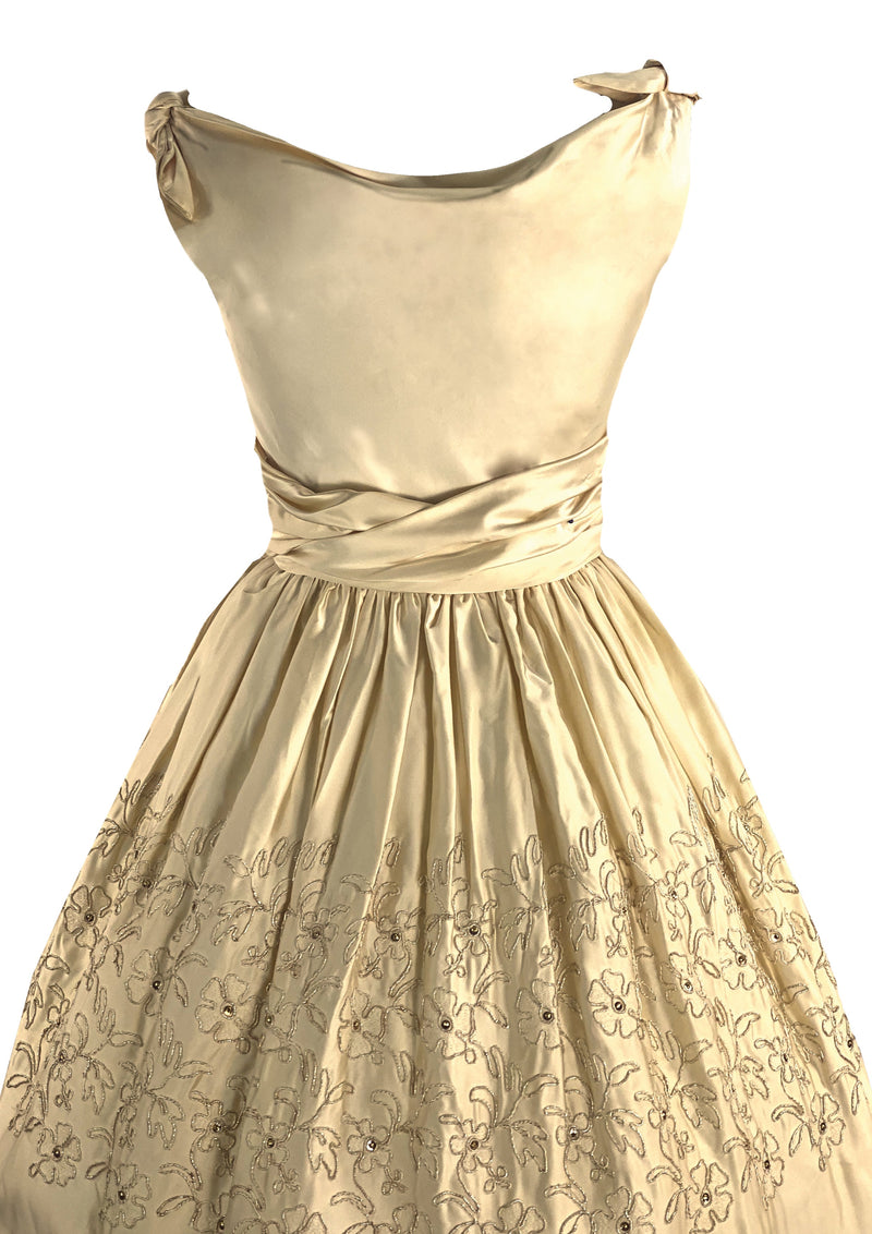 1950s Beaded Pale Gold Silk Satin Cocktail Dress - New!