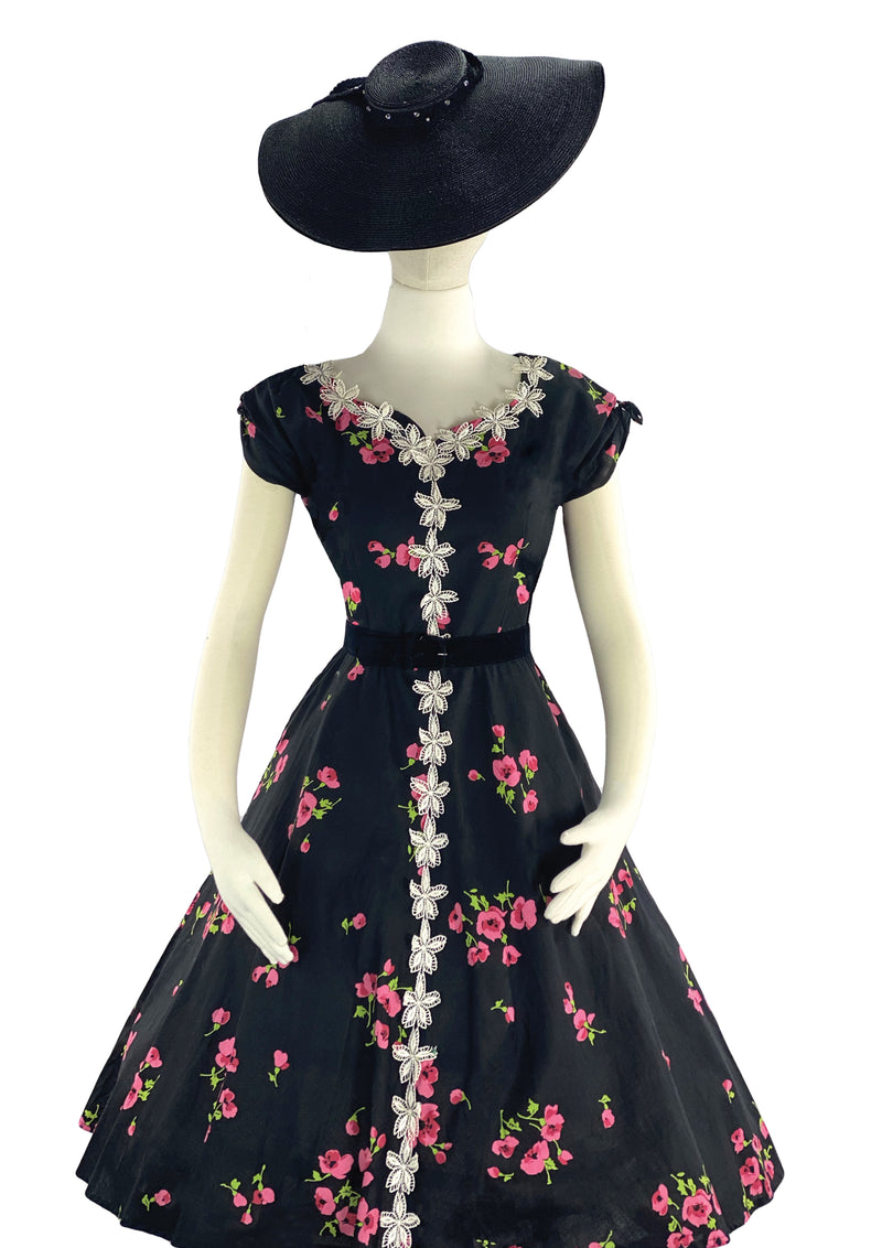 Vibrant 1950s Pink Oriental Poppies Cotton Dress- New!