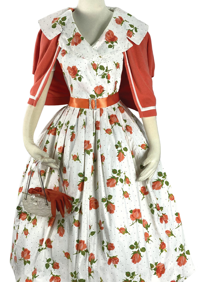 Late 1950s Tangerine Roses Cotton Dress - New!