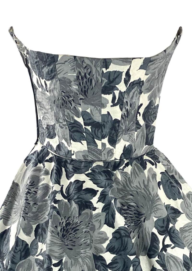 Stylish 1950s Strapless Gray Floral Cotton Cocktail Dress- New!