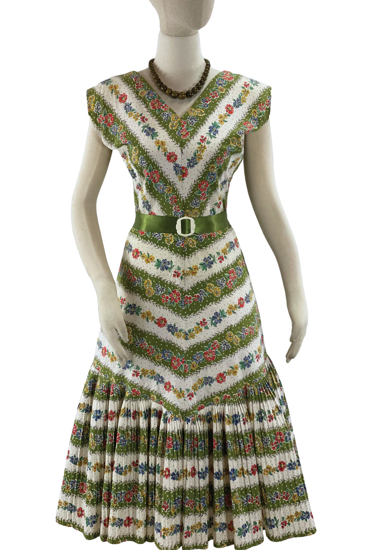 Vintage 1950s Green and White Floral Chevon Stripe Dress- New!