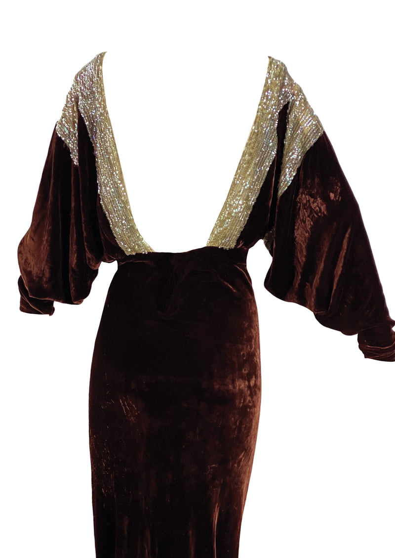 Vintage 1930s Chocolate Brown Balloon Sleeve Gown - New!