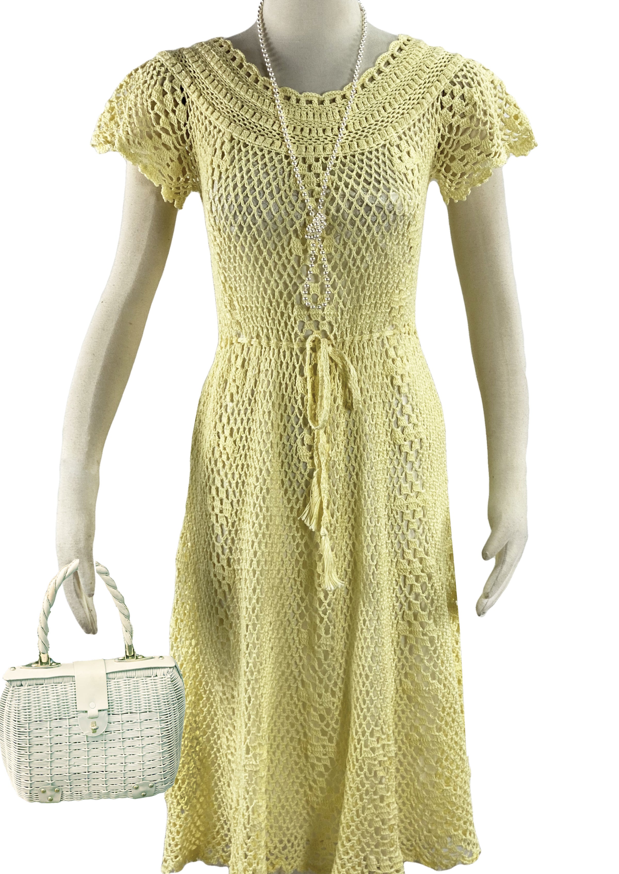 Vintage 1960s Does 1930s Yellow Crochet Dress Vintage 1960s Does 1930s Yellow Crochet Dress