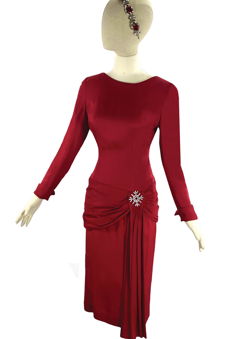 Early 1960s Claret Red Rayon Draped Designer Dress- New! (ON HOLD)