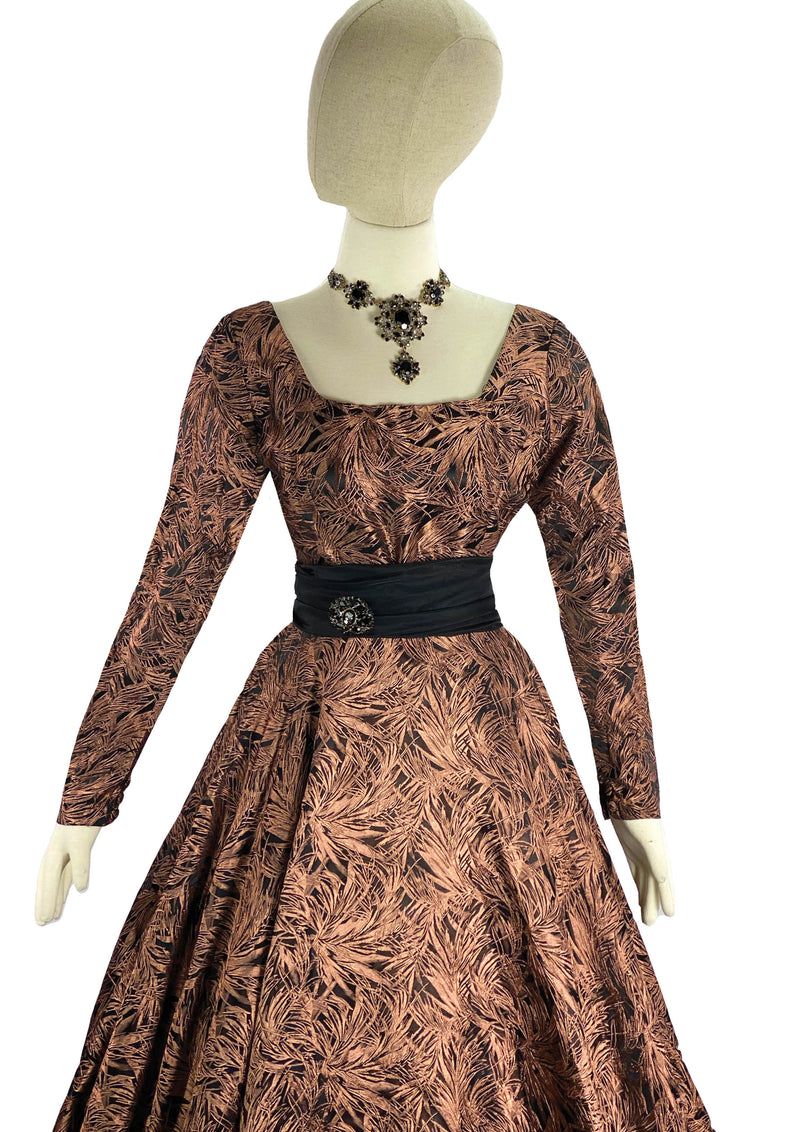 1950s Feather Print Black & Bronze Jacquard Dress- New! (ON HOLD)