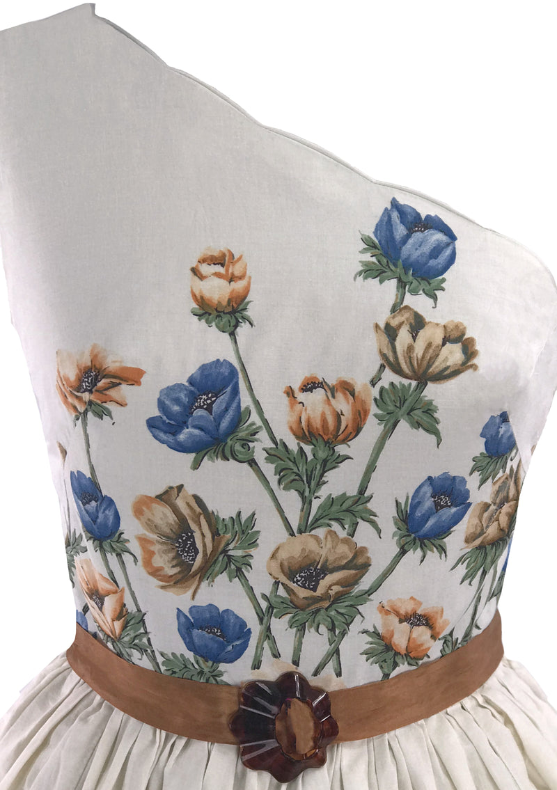 1950s Blue & Bronze Floral Border Cotton Dress  - New! (LAYAWAY)