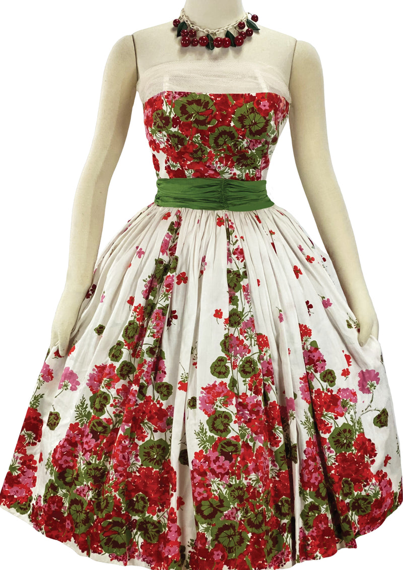 Vintage 1959 Geraniums Border Garden Party Dress - New!