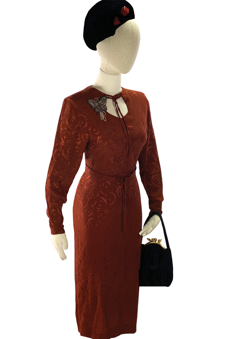 Vintage 1940s Russet Squiggle Rayon Dress- New!