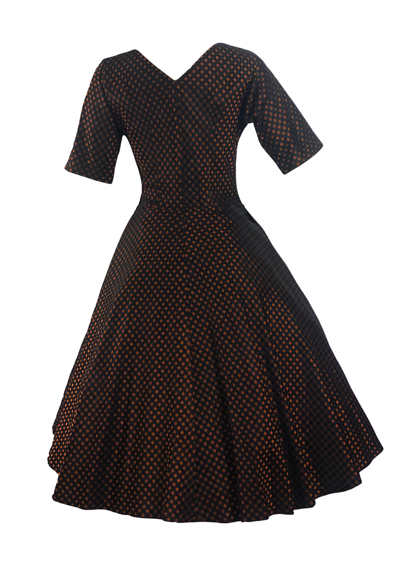 Late 1950s Bronze and Black 1950s Flocked Taffeta Dress - New!