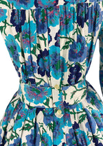 Late 1950s to Early 1960s Blue Floral Cotton Dress- New!