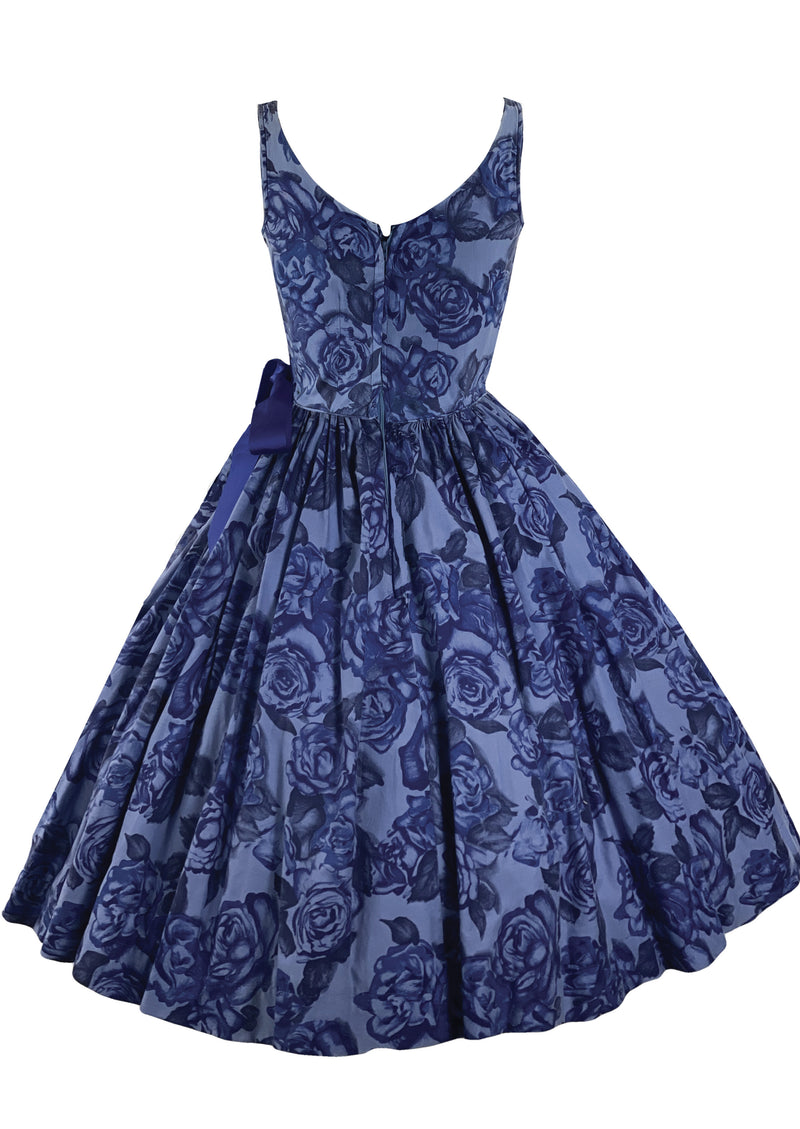 Early 1960s Blue Rose Print Cotton Dress- NEW!