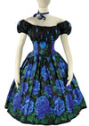 Quality 1950s Blue Roses Border Print Party Dress- New!