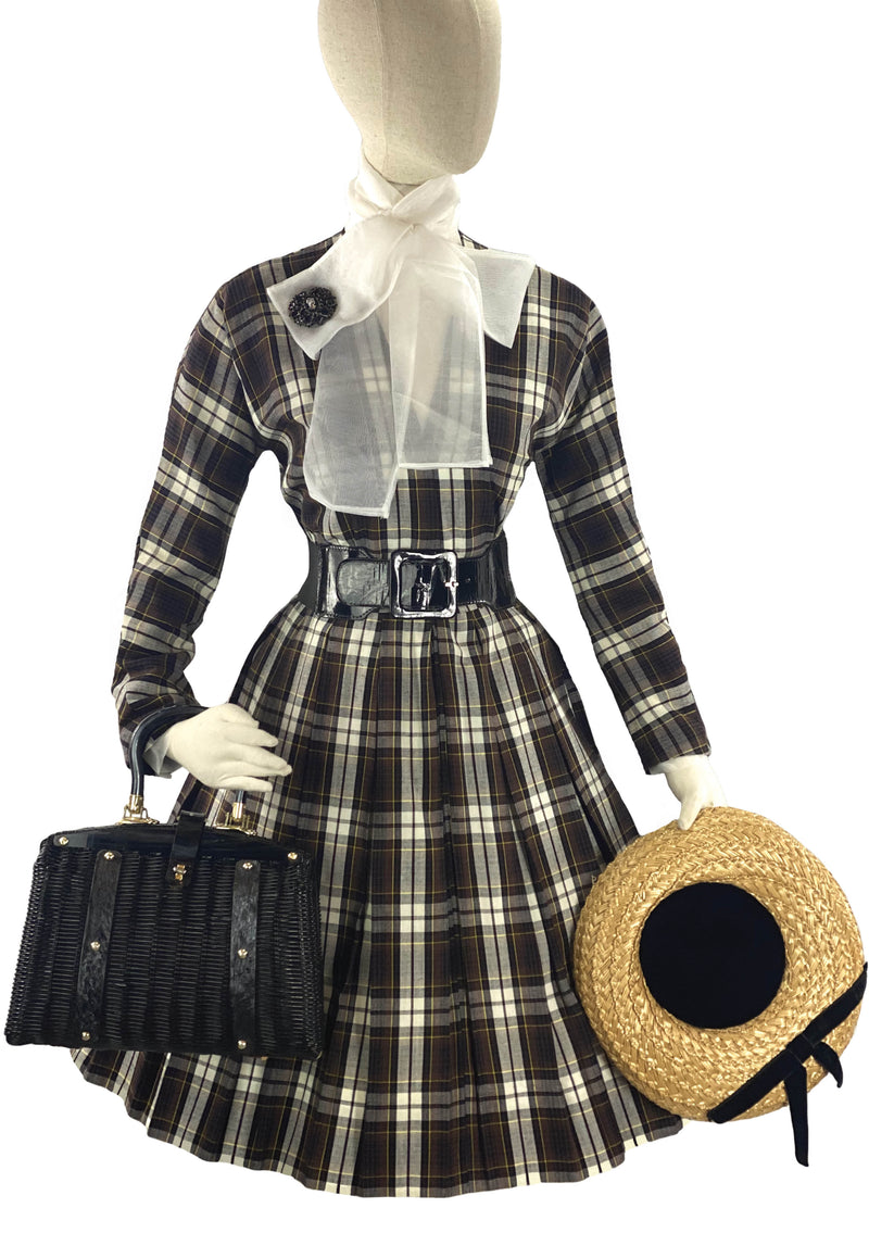 Late 1950s to Early 1960s Brown Plaid Cotton Dress- New!