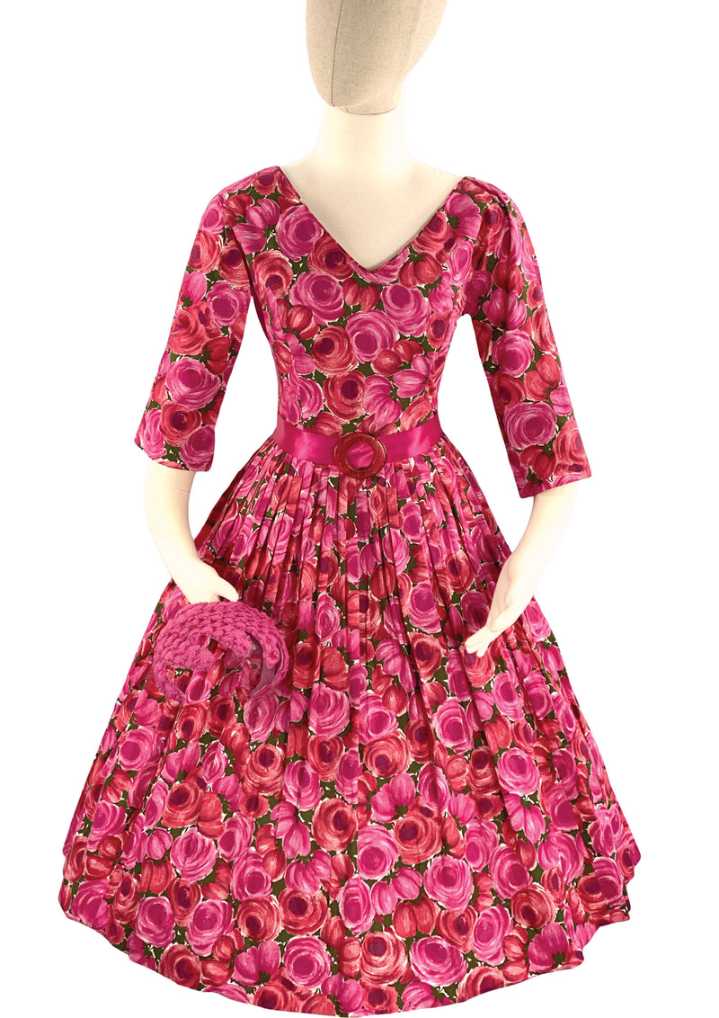 Spectacular 950s 1960s Magenta Roses Cotton Dress  - New!