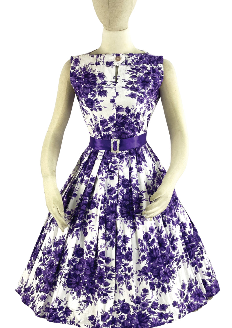 Late 1950s to Early 1960s Purple Bouquet Cotton Dress- NEW!