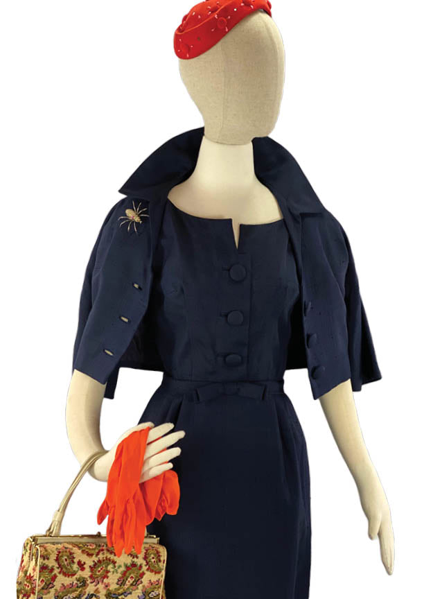 1950s Designer Navy Blue Silk Ensemble - New!