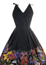 Spectacular 1950s Black Cotton Dress with Floral Appliqués - New!