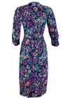 1940s Muted Blue and Purple Floral Rayon Jersey Dress - New!