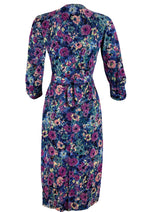 1940s Muted Blue and Purple Floral Rayon Jersey Dress - New!