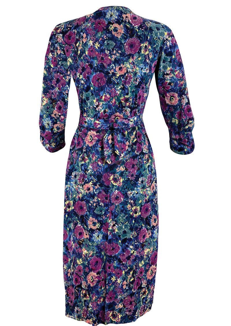 1940s Muted Blue and Purple Floral Rayon Jersey Dress - New!