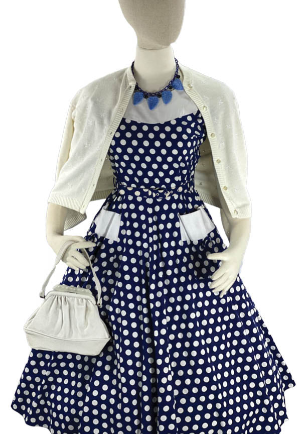 Striking 1950s Blue and White Polka Dot Cotton Dress- New!