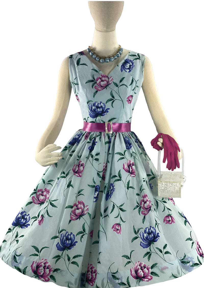 Lovely Late 1950s Blue Floral Seersucker Dress- New!