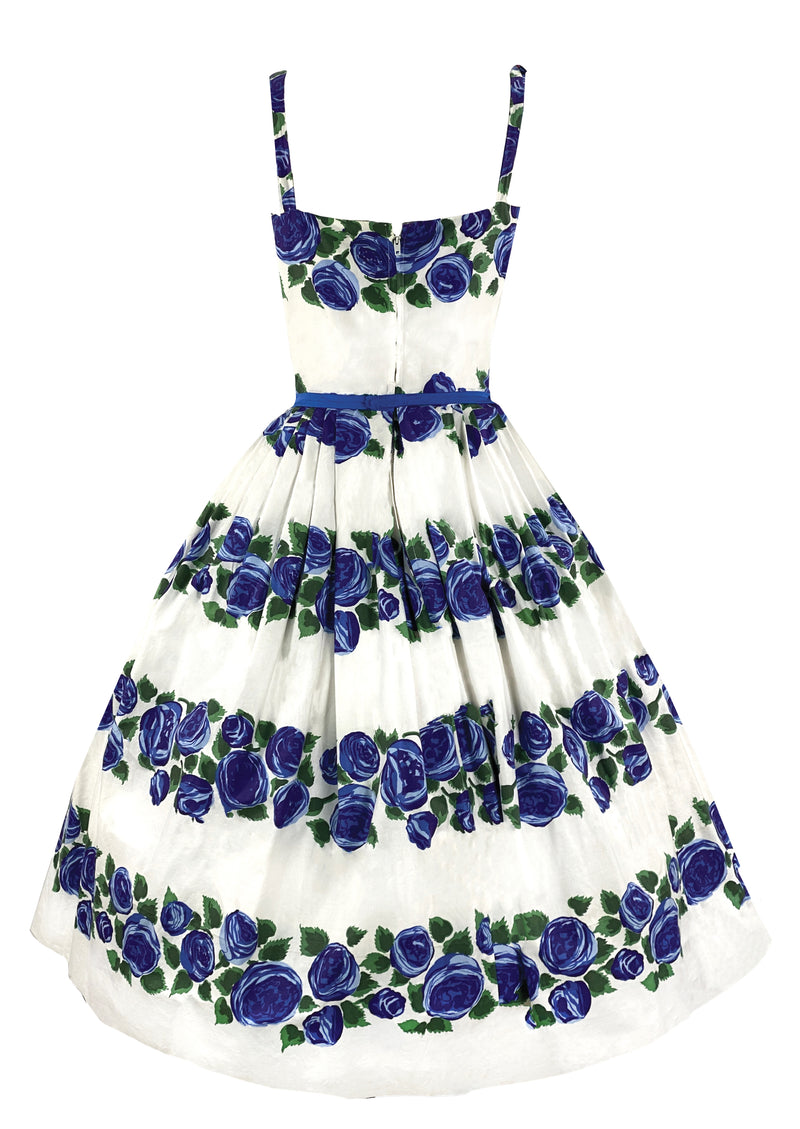 Late 1950s Blue Roses Designer Cotton Dress - NEW!