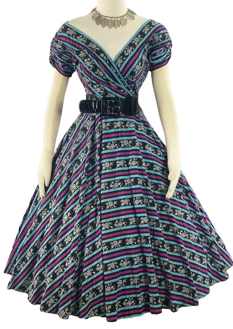 Vintage 1950s Blue and Purple Chevron Stripe Dress - New!