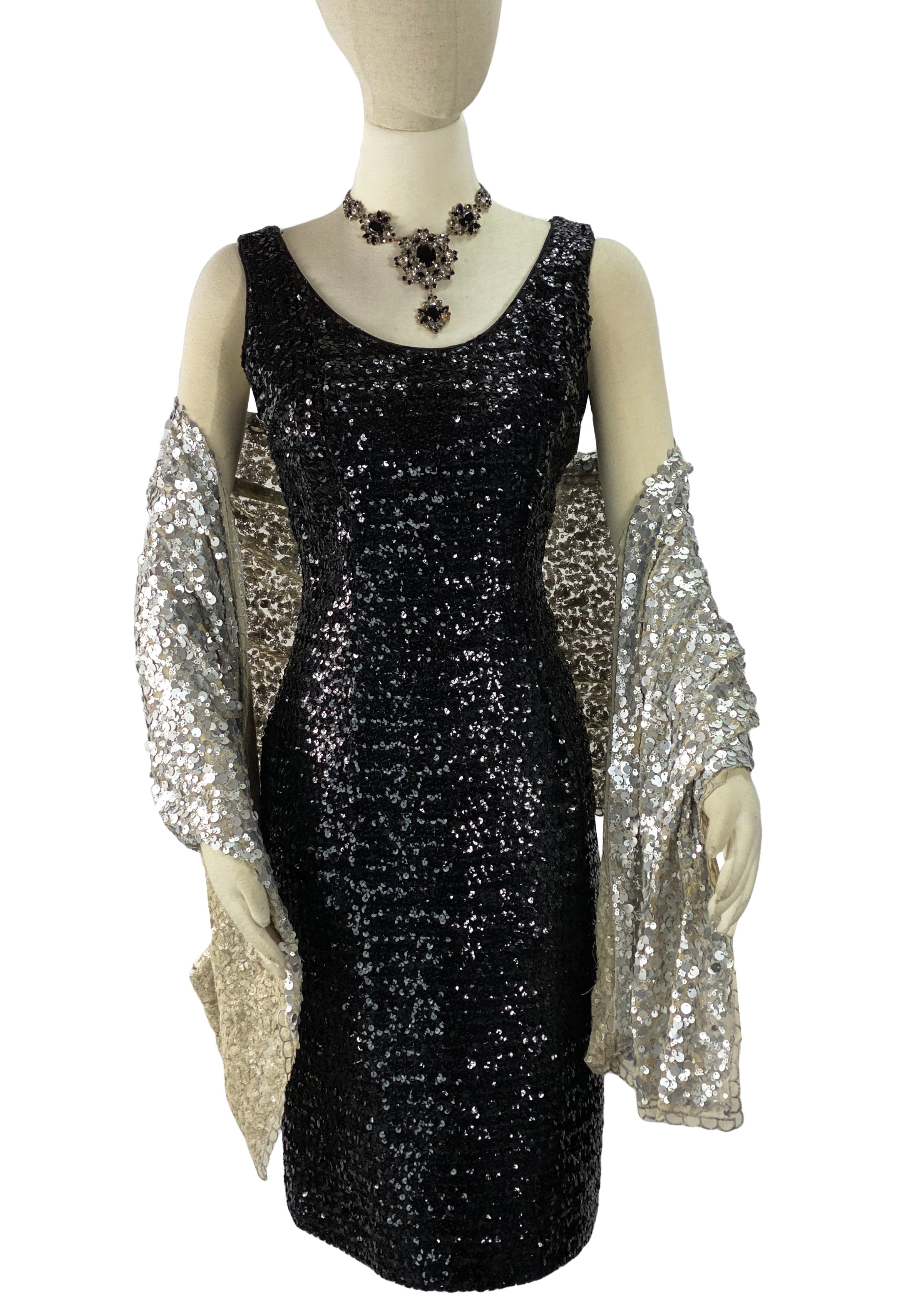 Eye-Catching Early 1960s Black Sequin Sheath Dress - NEW! Coutura Vintage Eye-Catching Early 1960s Black Sequin Sheath Dress - NEW! Coutura Vintage