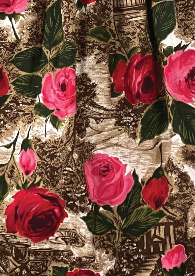 Late 1950s Rural Countryside with Roses Novelty Print Dress- NEW!