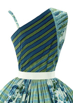 Late 1950s Blue and Green Stripes and Bouquets Cotton Dress - New!
