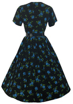 Late 1950s Early 1960s Black Cotton with Blue Roses Dress - NEW!