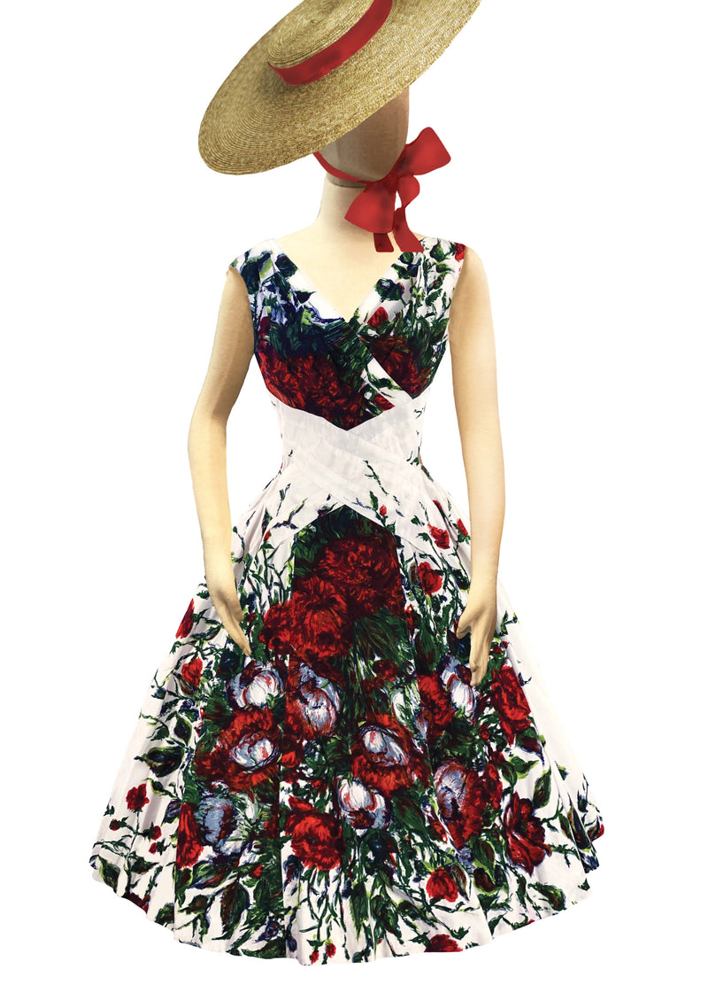 Late 1950s Spectacular Red Floral Print Designer Dress- New!