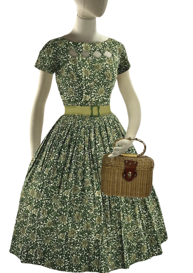 Vintage 1950s Green Floral Scrollwork Cotton Dress - New!