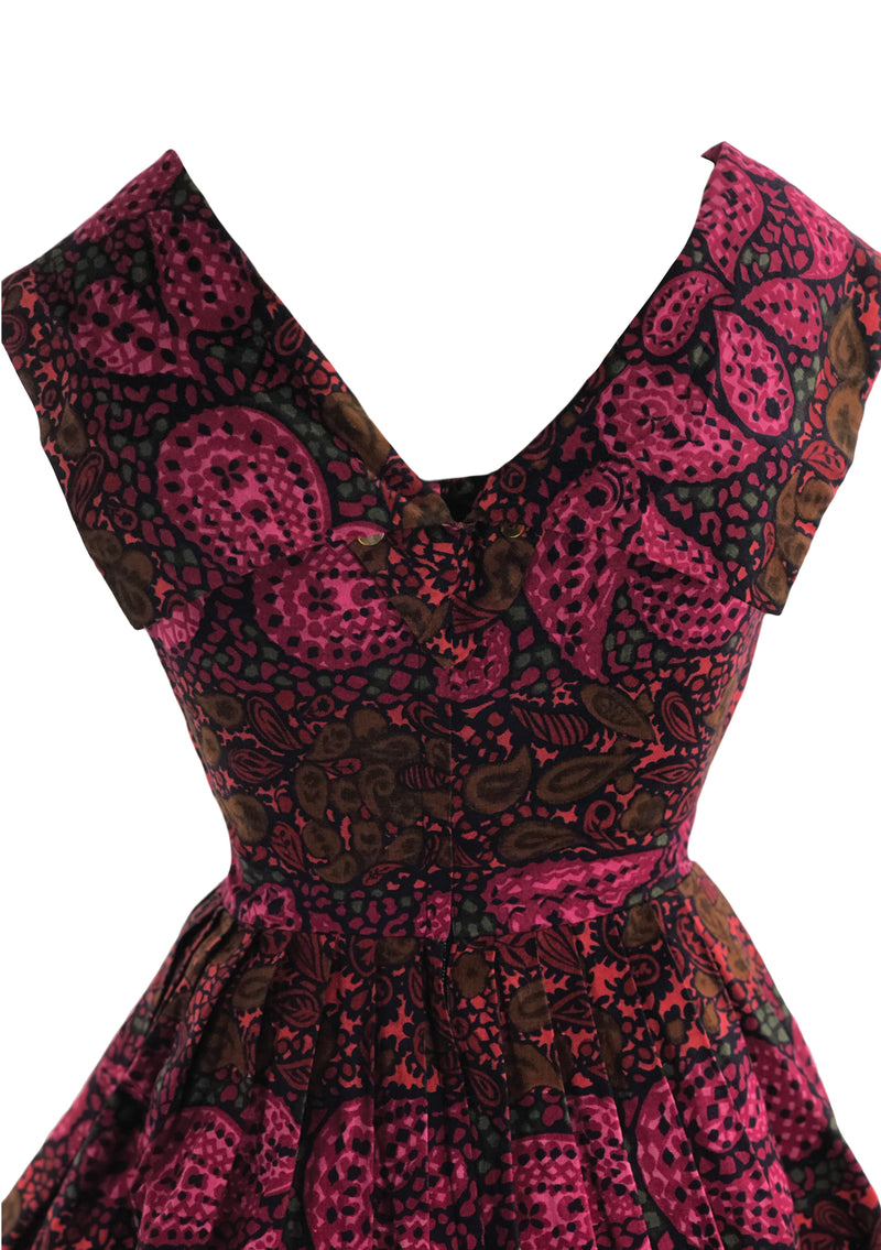 Vintage 1950s Magenta Paisley Print Cotton Dress- New!