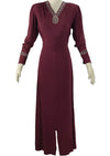 Stylish 1940s Burgundy Crepe Gown with Rhinestones and Beads- New!