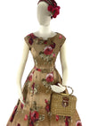 Deadstock Late 1950s Red Roses on Rose Gold Cotton- New!