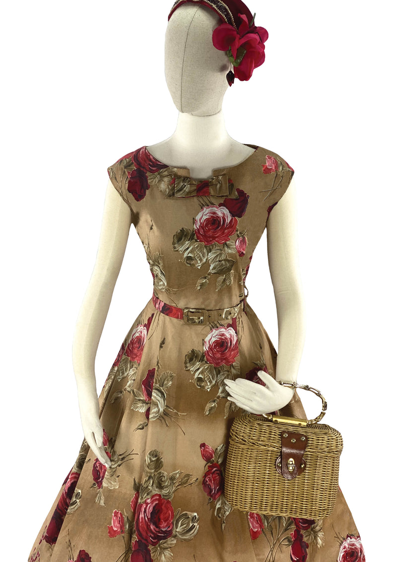 Deadstock Late 1950s Red Roses on Rose Gold Cotton- New!