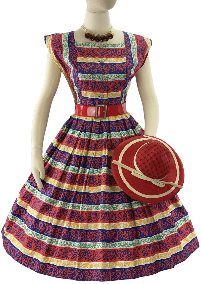 Late 1950s Colourful Striped Cotton with Scrollwork Dress- New!