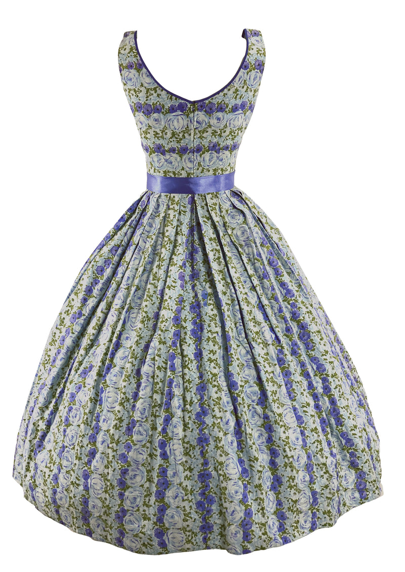 Glorious 1950s Blue Rose Print Cotton Dress - New!