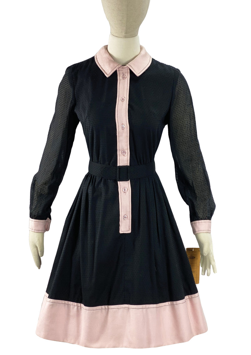 Vintage Deadstock 1960s Black and Pink Knobbly Cotton Dress- New!