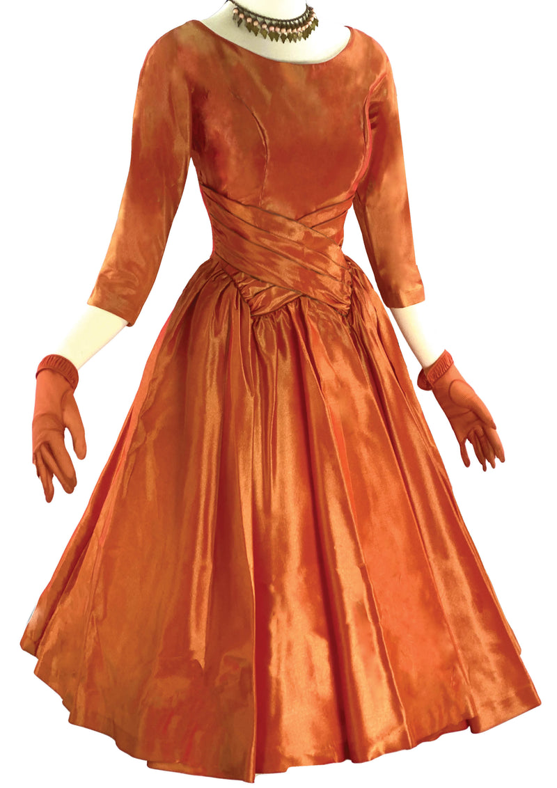 Vintage 1950s Tangerine Shot Silk Taffeta Dress- New!