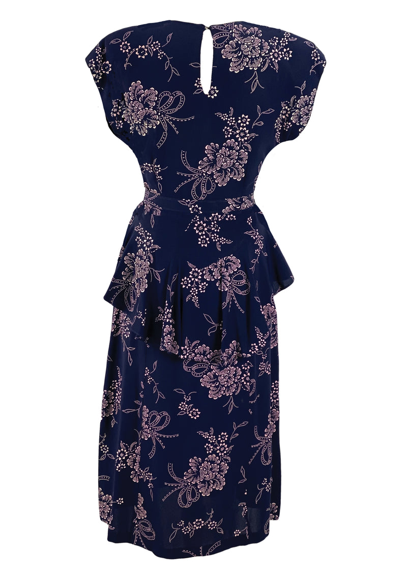 Vintage 1940s Navy Rayon with Pink Flower Print Dress- New!