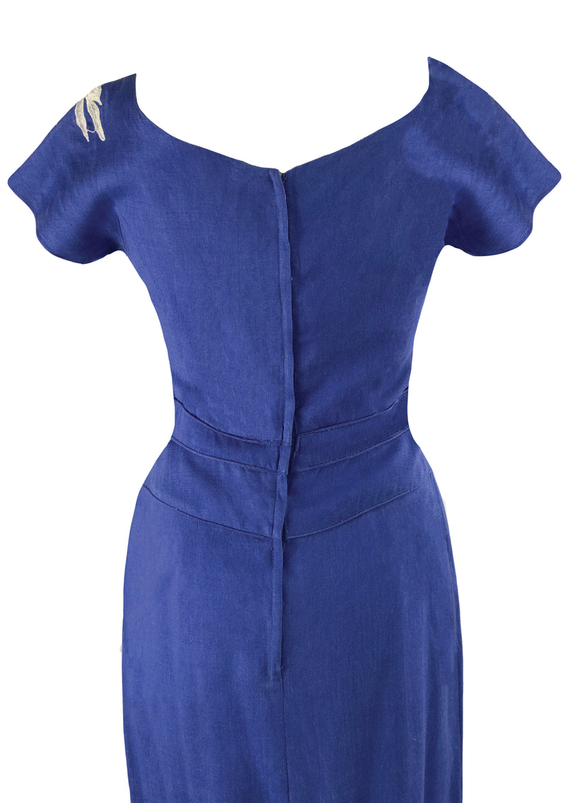 Vintage 1950s Designer Cobalt Blue Linen Dress- New!