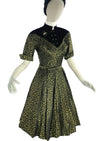 1940s Black and Gold Print Dress with Velvet Accents- New!