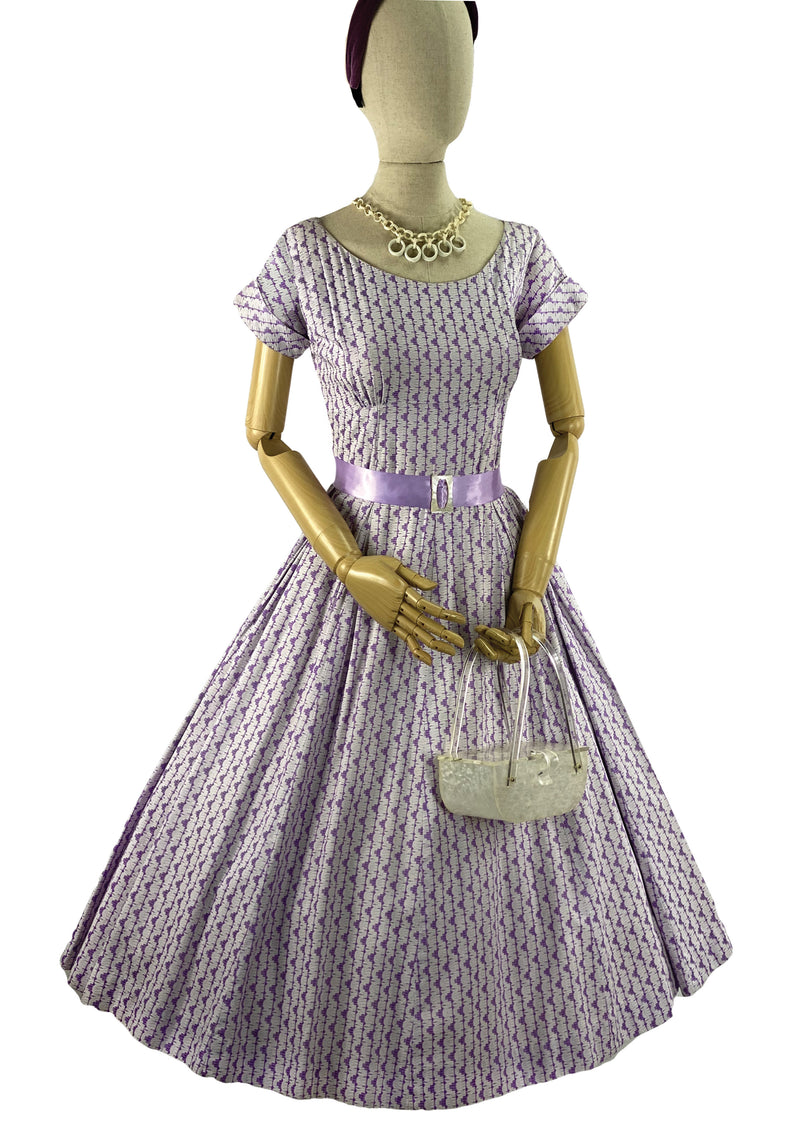 Lovely 1950s Lilac & Ivory Woven Cotton Designer Dress- New!